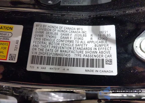 2022 Honda Civic Lx из США, поврежденный, VIN 2HGFE2F29NH507435